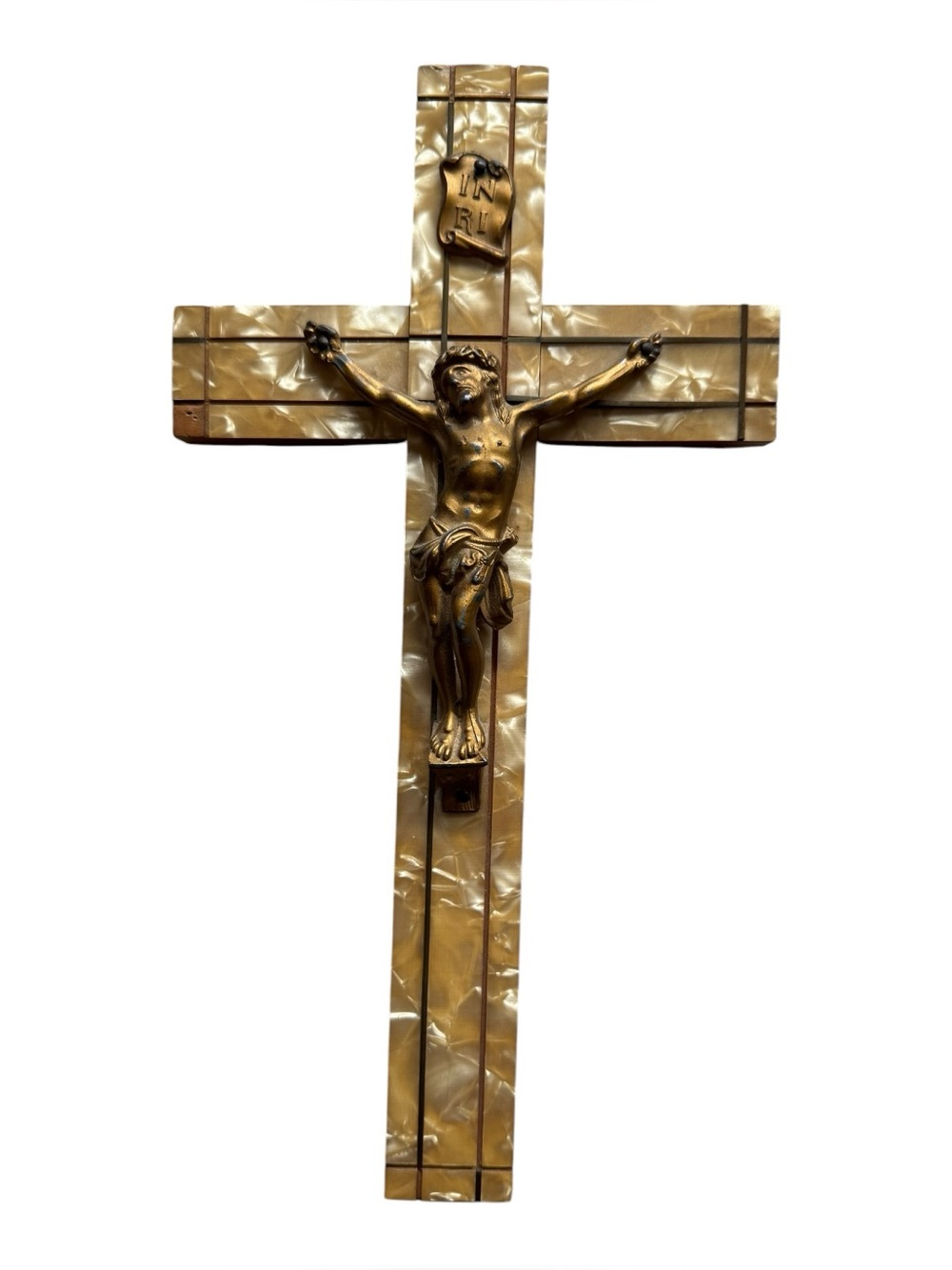 Vintage Gothic Wall Crucifix Cross Pearl Celluloid Gilt Corpus